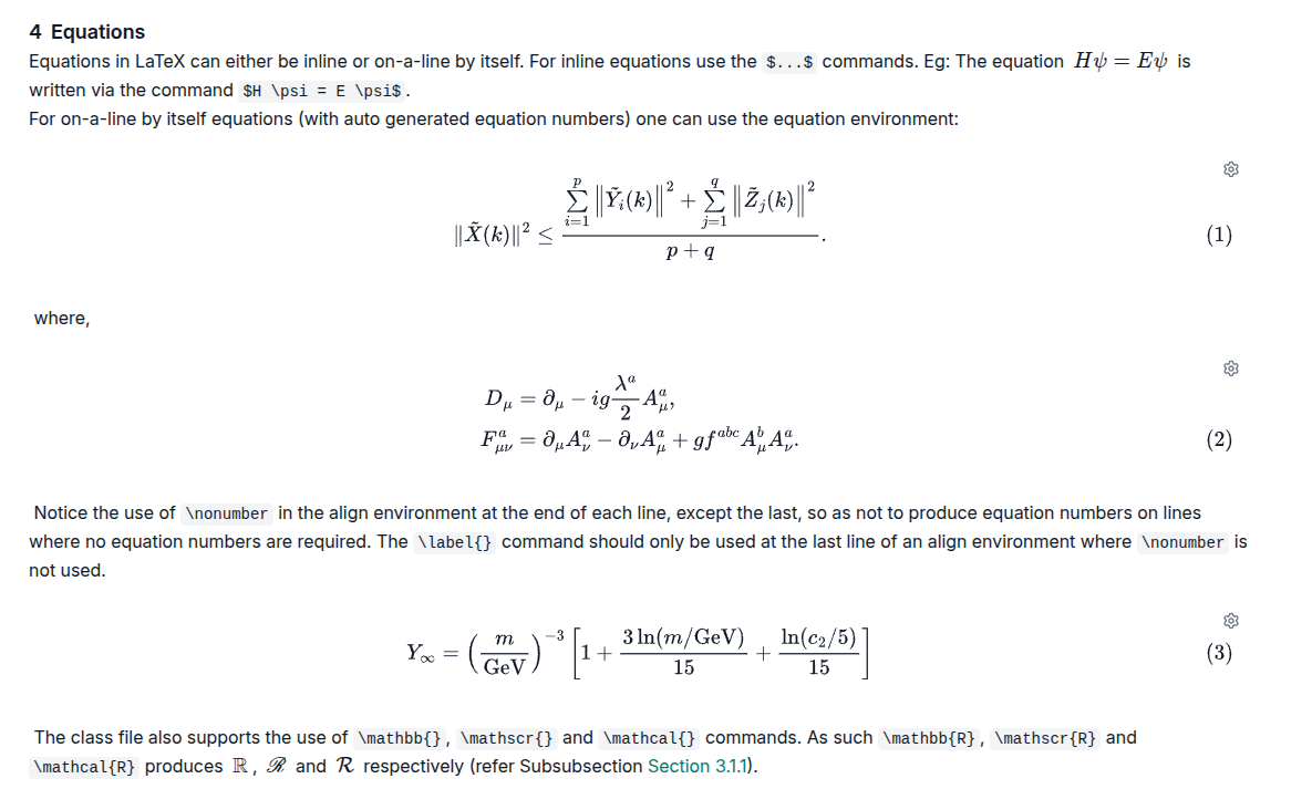 KlarTeX editor showing inline and block equations with automatic numbering