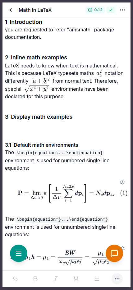 KlarTeX editor on a mobile device showing equations and formatted text
